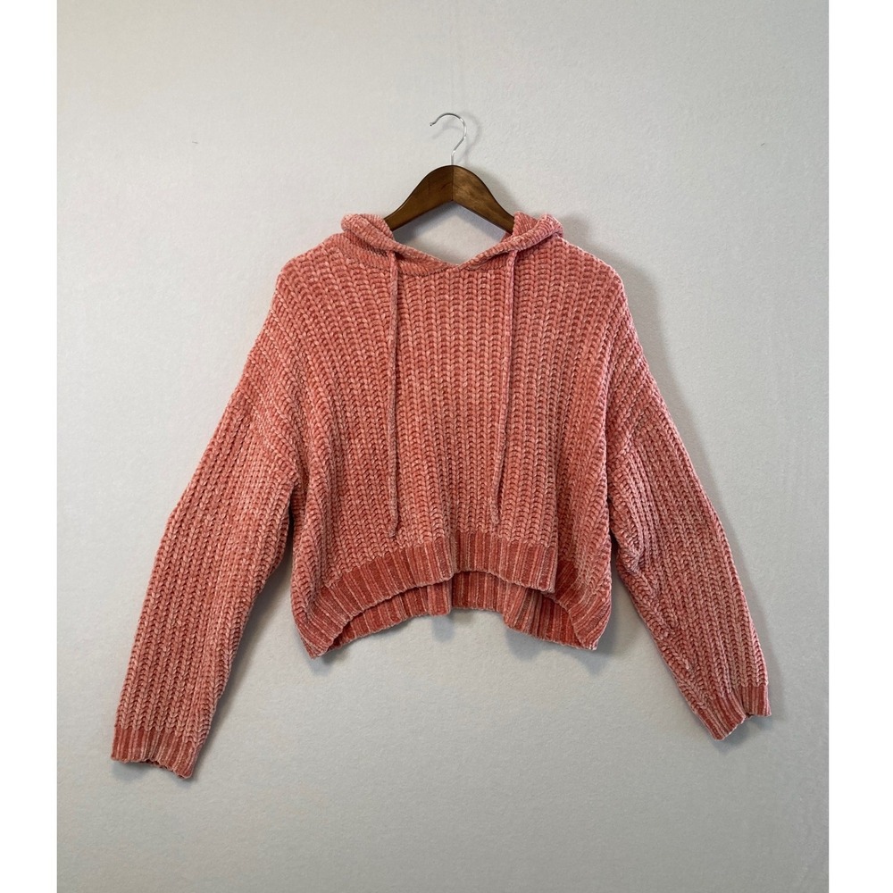 Aeropostale Chenille Hoodie Sweater Womens M Coral Pink Cropped Chunky Knit Soft